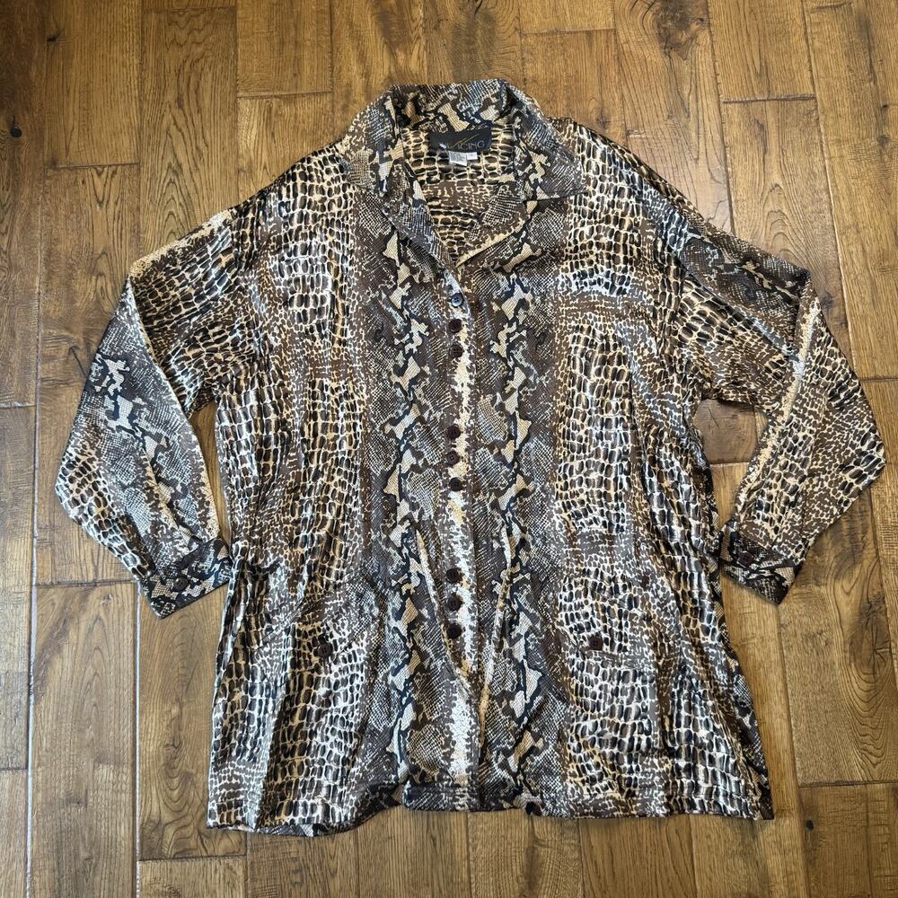 VTG 80s The Icing 100% Silk Button Down Long Slv Tunic Shirt Animal Print Sz L